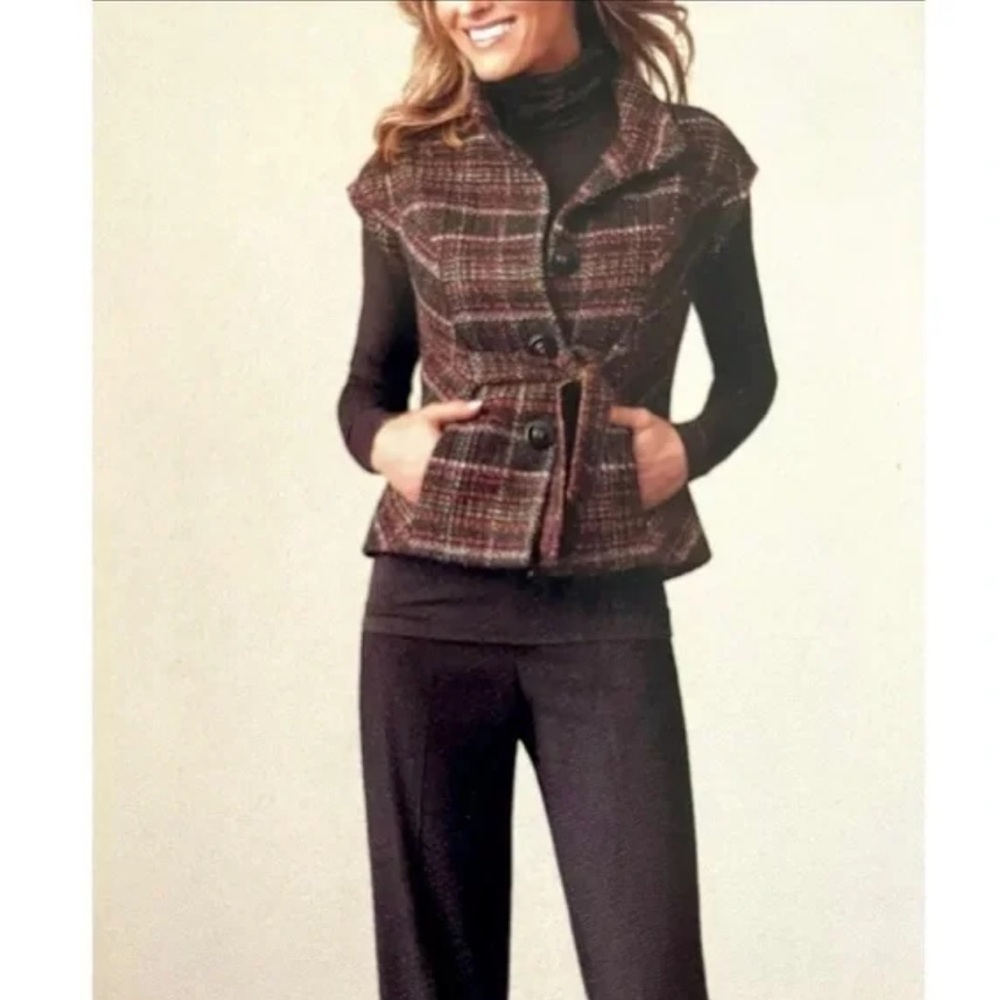 *CABI* Brown x Orange Plaid Sleeveless Vest Jacket Size Small